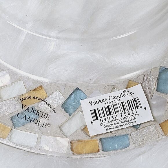 Spring Mossaic Yankee Candle Votive Holder Glass Plate Blue & Brown Tile Dish - Picture 3 of 7